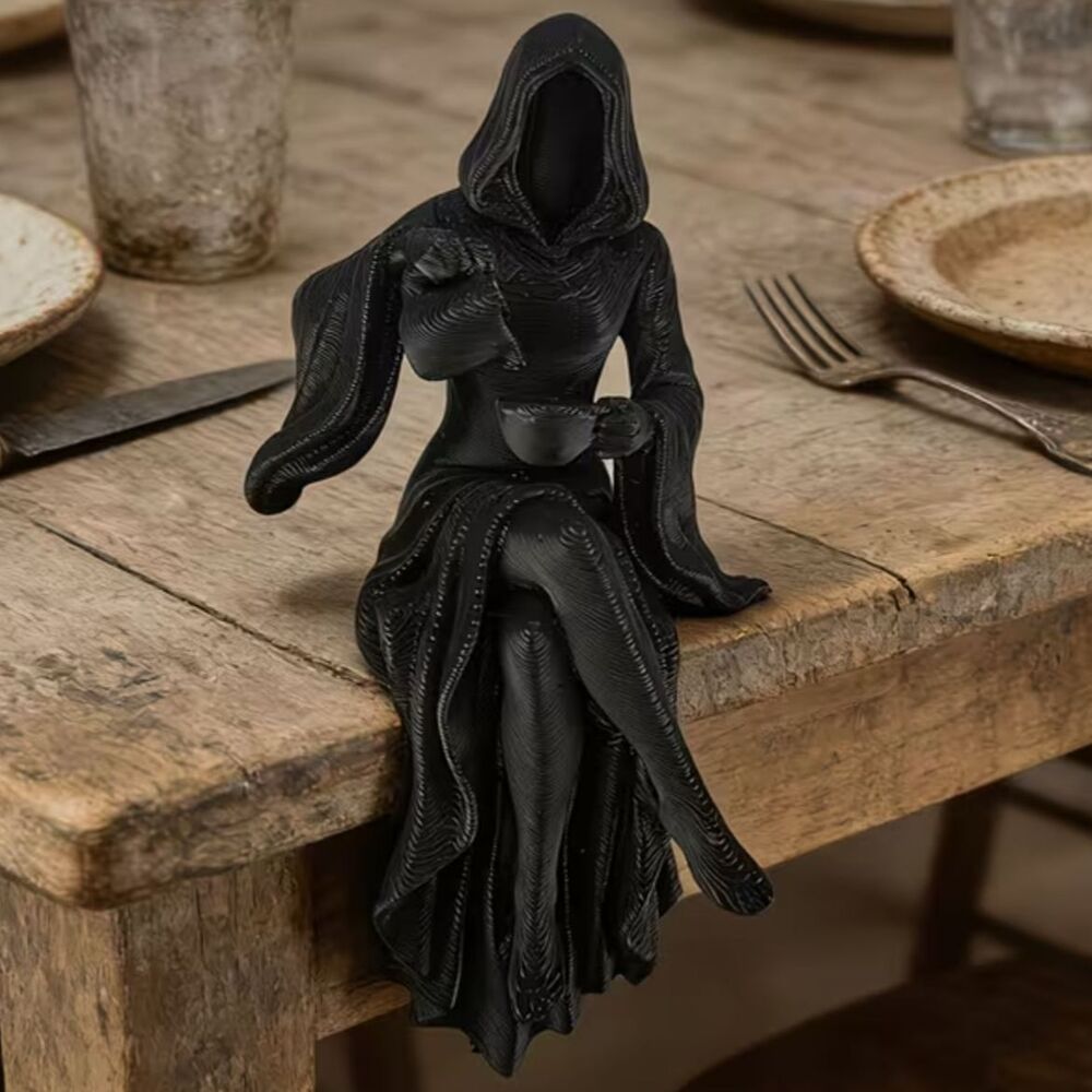 Gothic Faceless Hooded Woman Halloween 4" Figure Black Witch Shelf Sitter Decor